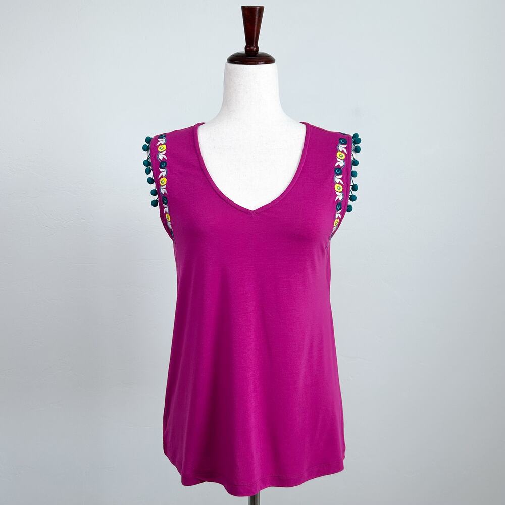 Cruel Girl Western Bohemian Pompom Embroidered Pink Summer Sleeveless Top NWT